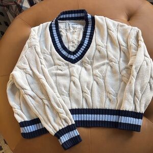 Aerie Cable Knit V-Neck Sweater in Cream and Navy